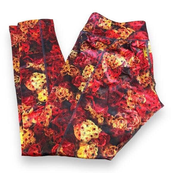 LuLaRoe Womens Leggings L Jade Athletic Capris Activewear Black Red Yellow Roses - Picture 4 of 9